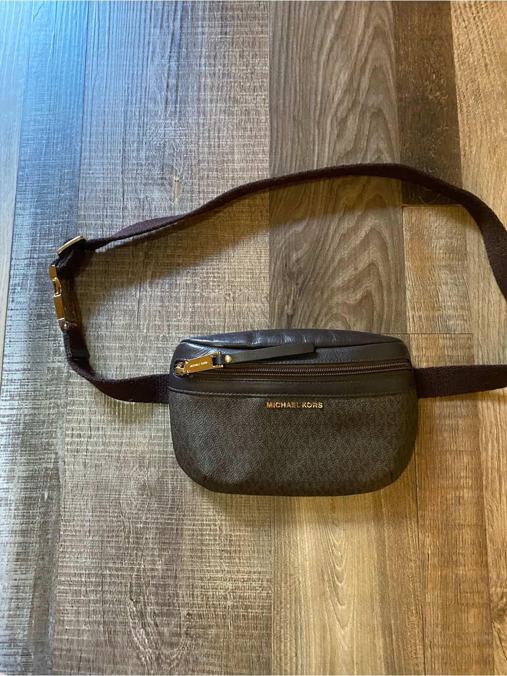 Michael Kors Small Brown Logo Crossbody Belt Bag with Gold Hardware